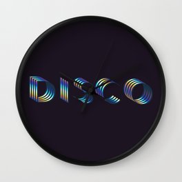 DISCO, Dark Funky Typography, Holographic Letters Eclectic Dance Quirky Metallic Quote Wall Clock