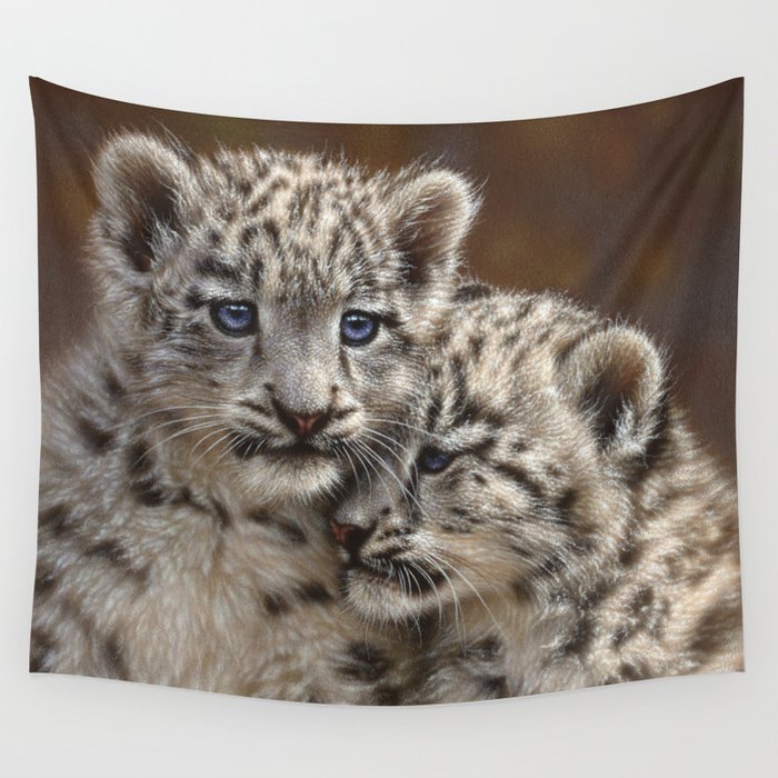 Snow Leopard Cubs Playmates Wall Tapestry