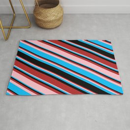 [ Thumbnail: Red, Pink, Deep Sky Blue, and Black Colored Stripes/Lines Pattern Rug ]