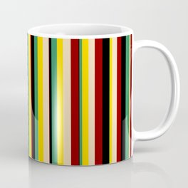 [ Thumbnail: Sea Green, Yellow, Tan, Dark Red, and Black Colored Lines Pattern Coffee Mug ]