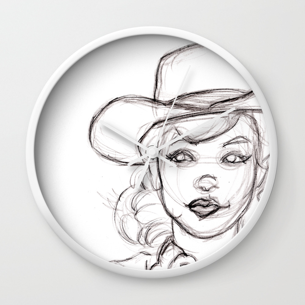 Pencil Drawing Sketch Of Retro Girl In Cowboy Hat Wall Clock By Whiskey Dogstudio Society6,Sad Happy Girl Girl Cartoon Wallpaper