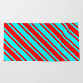 [ Thumbnail: Aqua and Red Colored Lined Pattern Beach Towel ]