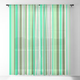 [ Thumbnail: Vibrant Green, Light Grey, Light Green, Dark Olive Green, and Beige Colored Stripes/Lines Pattern Sheer Curtain ]