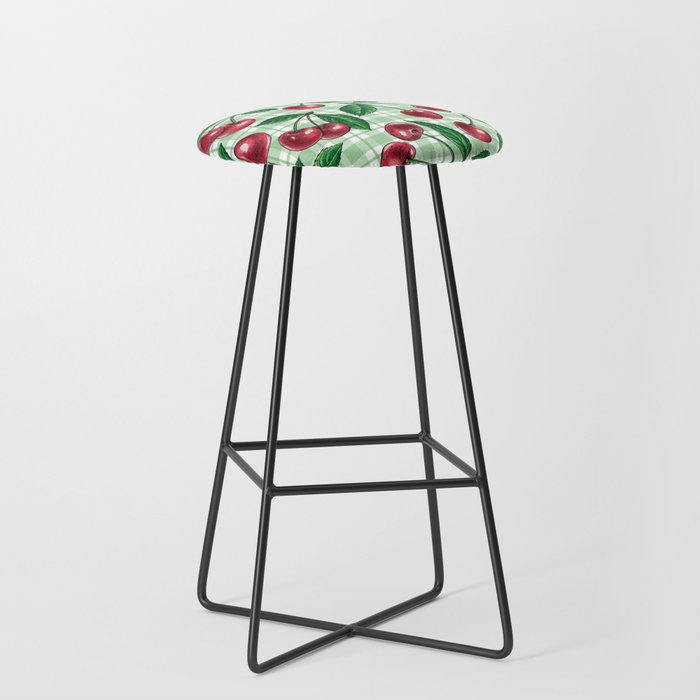 Red cherries on light green gingham  Bar Stool