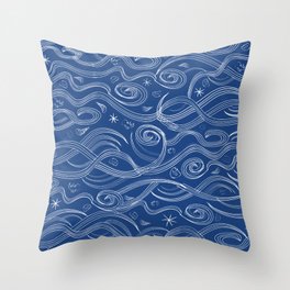 Great Waves in a deep-blue sea.     summer, ocean, sea, beach, white, blue, blue-white, deep-blue, navy, indigo. Throw Pillow
