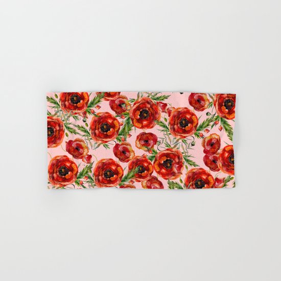 Poppy Pattern On Pink Background Hand & Bath Towel