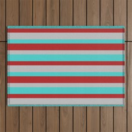 [ Thumbnail: Red, Grey, and Turquoise Colored Lined Pattern Outdoor Rug ]