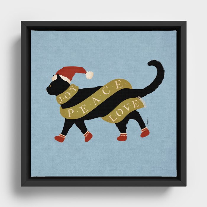 Black Cat Christmas Winter Scarf Joy Peace Love Framed Canvas