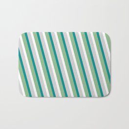 [ Thumbnail: Dark Cyan, Dark Sea Green, White, and Light Gray Colored Lined/Striped Pattern Bath Mat ]