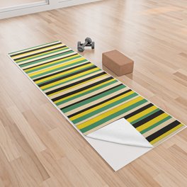 [ Thumbnail: Sea Green, Beige, Black & Yellow Colored Pattern of Stripes Yoga Towel ]