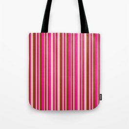 [ Thumbnail: Deep Pink, Brown & Pink Colored Striped Pattern Tote Bag ]