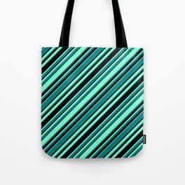 [ Thumbnail: Aquamarine, Teal, and Black Colored Pattern of Stripes Tote Bag ]
