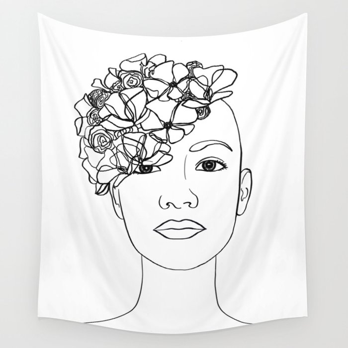 Black And White Line Art Female Portrait With Flowers Wall Tapestry