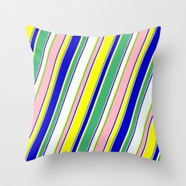 [ Thumbnail: Eyecatching Mint Cream, Yellow, Sea Green, Light Pink & Blue Colored Lines/Stripes Pattern Throw Pillow ]