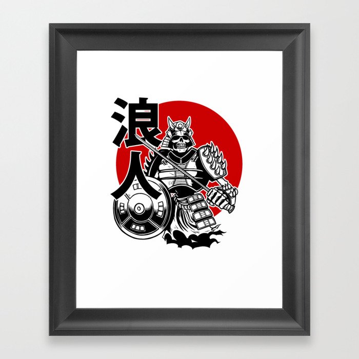 Skeleton Samurai Warrior with Ronin Japanese Lettering Framed Art Print