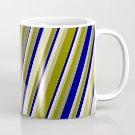 [ Thumbnail: Colorful Pale Goldenrod, Dark Khaki, Green, Grey & Blue Colored Lines/Stripes Pattern Coffee Mug ]