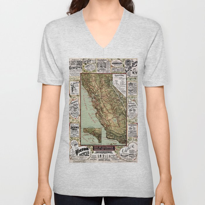 California-Roads map for cyclers-United States-1895 vintage pictorial map-pictorial illustration-drawing V Neck T Shirt