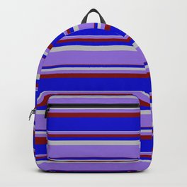 [ Thumbnail: Grey, Purple, Maroon & Blue Colored Lined/Striped Pattern Backpack ]