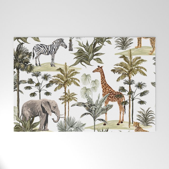 Beautiful tropical vintage hawaiian palm trees, zebra, giraffe, elephant, leopard. Hand drawn floral seamless pattern on the white background. Exotic jungle wallpaper.  Welcome Mat