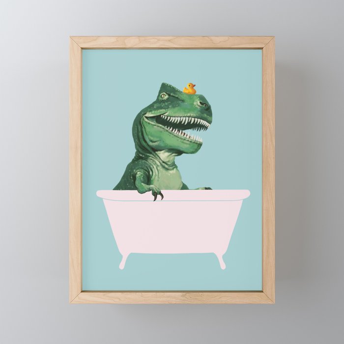 Playful T-Rex in Bathtub in Green Framed Mini Art Print