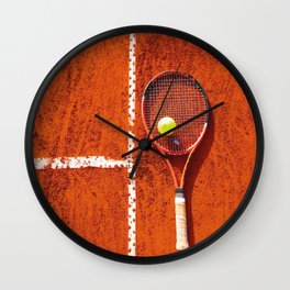 Tennis racket with ball on tennis court Wall Clock