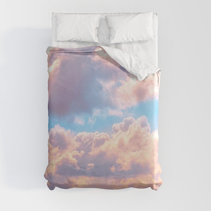 Beautiful Pink Cotton Candy Clouds Against Baby Blue Sky Fairytale Magical Sky Duvet Cover