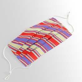 [ Thumbnail: Red, Slate Blue, and Pale Goldenrod Colored Lined/Striped Pattern Face Mask ]