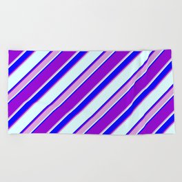[ Thumbnail: Dark Violet, Plum, Light Cyan & Blue Colored Lined/Striped Pattern Beach Towel ]