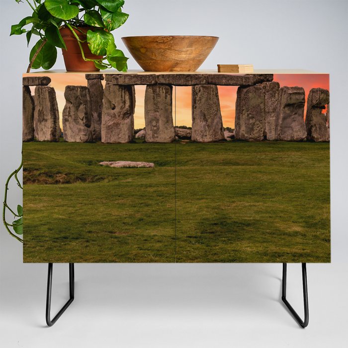 Great Britain Photography - The Stone Henge Under The Red Sunset Credenza