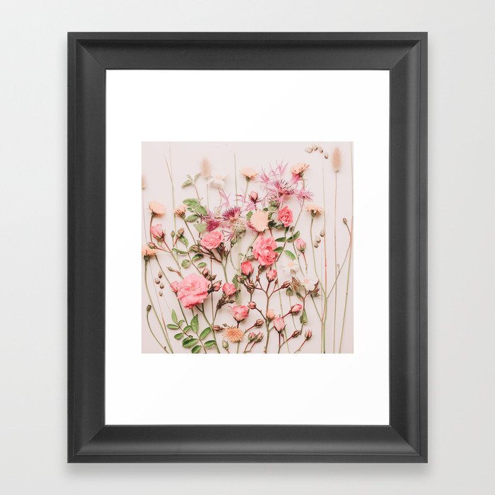 Flowers - Pastel Wildflowers and Pink Roses - Flat lay Florals Framed Art Print