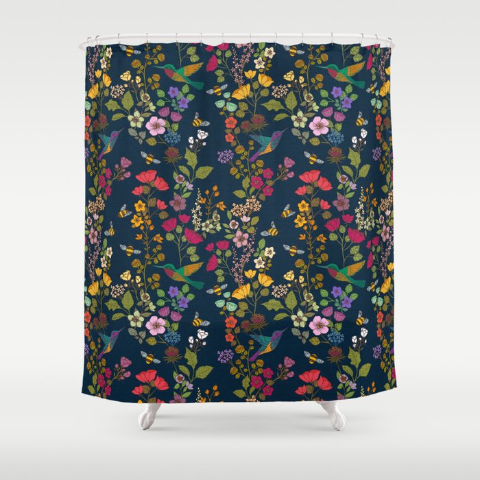 Hummingbirds and Bees {Deep Blue} Shower Curtain