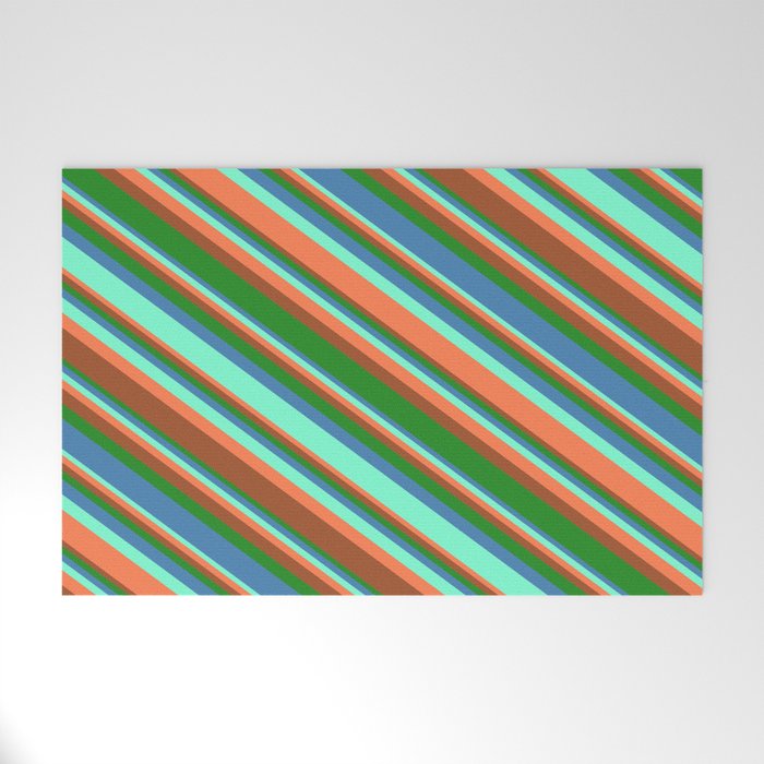 Aquamarine, Coral, Sienna, Forest Green, and Blue Colored Lined/Striped Pattern Welcome Mat