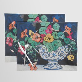 Nasturtium Bouquet in Chinoiserie Bowl on Dark Blue Floral Still Life Painting Placemat