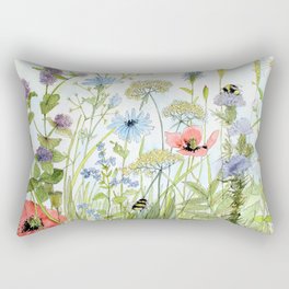 Floral Watercolor Botanical Cottage Garden Flowers Bees Nature Art Rectangular Pillow