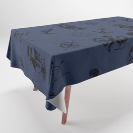 Navy Blue And Black Silhouettes Of Vintage Nautical Pattern Tablecloth