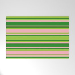 [ Thumbnail: Forest Green, Green, and Light Pink Colored Lined Pattern Welcome Mat ]