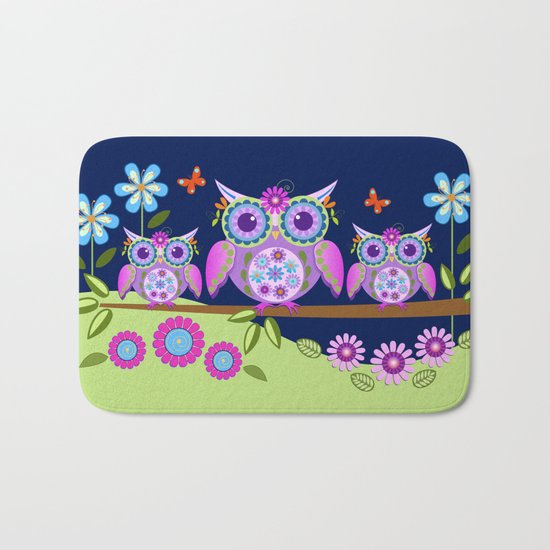 Flower power owls in a summer environment Bath Mat