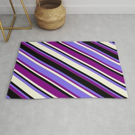 [ Thumbnail: Medium Slate Blue, Purple, Beige & Black Colored Lined Pattern Rug ]