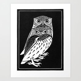 Vintage Owl Woodcut in Black and Whitet Art Print
