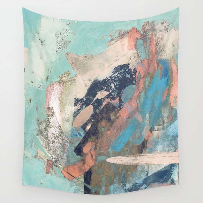 Cotton Candy: a colorful abstract mixed media piece in pastel green, pink, blue, and white Wall Tapestry