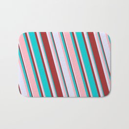 [ Thumbnail: Dark Turquoise, Light Pink, Lavender & Brown Colored Lines Pattern Bath Mat ]