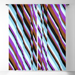 [ Thumbnail: Eyecatching Light Cyan, Dark Orchid, Brown, Black & Sky Blue Colored Stripes/Lines Pattern Blackout Curtain ]