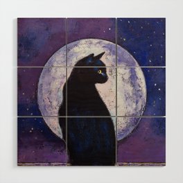 Black Cat Moonlight Wood Wall Art