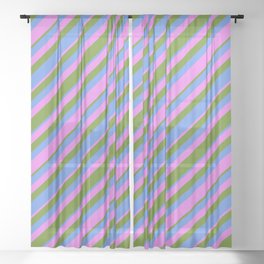 [ Thumbnail: Green, Cornflower Blue & Violet Colored Striped Pattern Sheer Curtain ]