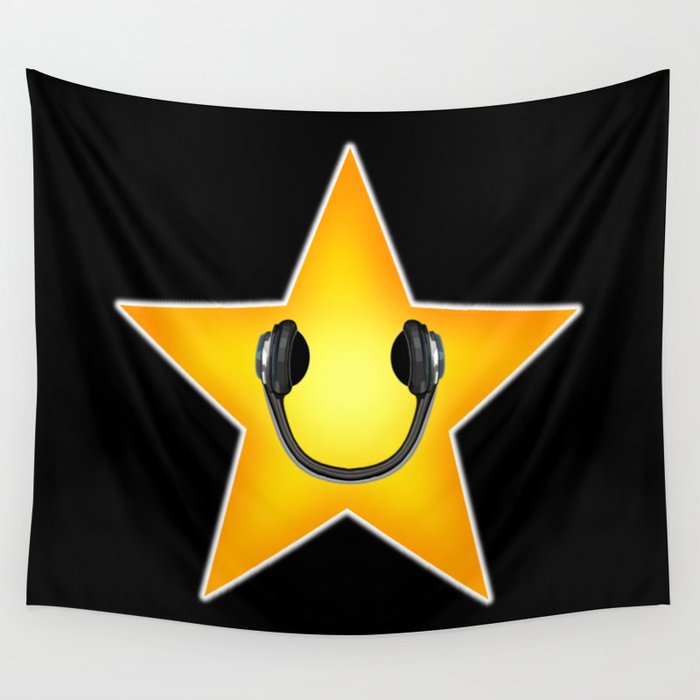 Yellow Music Star with Headphones Smile Wall Tapestry