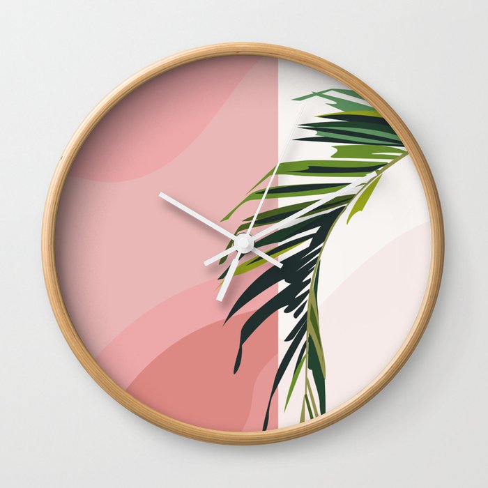 Leaf I : Palm tree leaf on pink wall Wall Clock