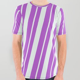 [ Thumbnail: Orchid & Mint Cream Colored Striped Pattern All Over Graphic Tee ]