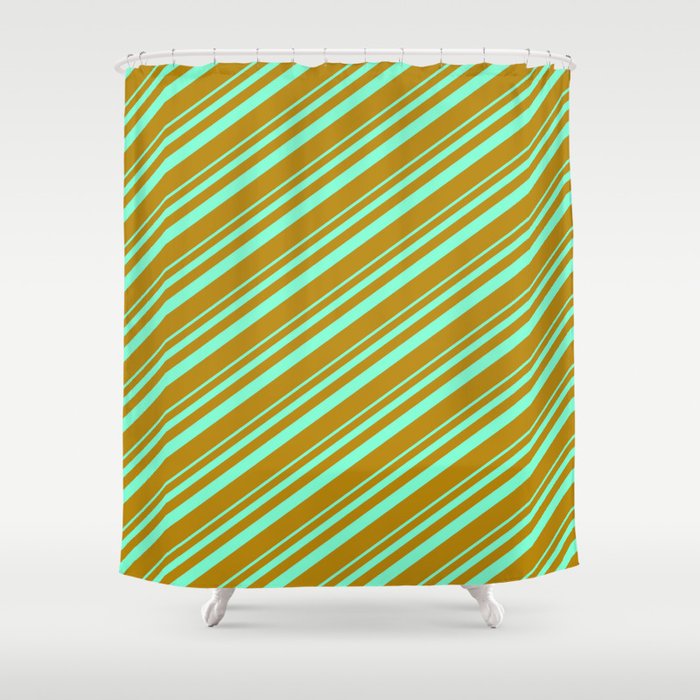 Aquamarine & Dark Goldenrod Colored Lined/Striped Pattern Shower Curtain