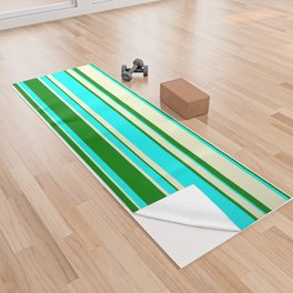 [ Thumbnail: Light Yellow, Green, and Aqua Colored Lined Pattern Yoga Towel ]