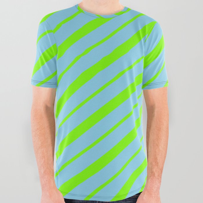 Sky Blue & Green Colored Striped/Lined Pattern All Over Graphic Tee